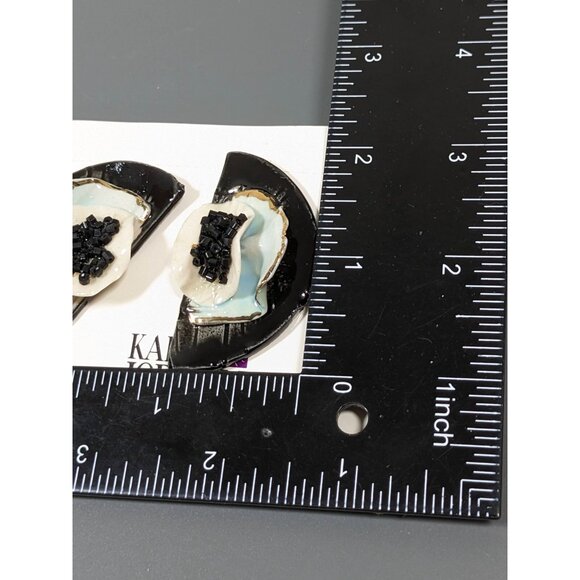 Vintage Karla Jordan Black White Blue Crescent Porcelain 3D Pierced Earrings - Picture 8 of 8